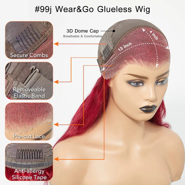 BQUEENS DEDE 24 Inches 13"x4" Body Wavy Wear & Go Glueless #99j Lace Frontal Wig - 100% Human Hair - BQueens