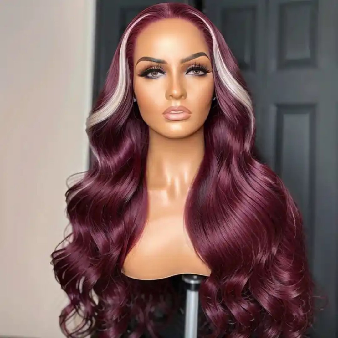 BQUEENS BELLA Red Wine & Blonde Skunk Stripe Color Wig 13*4 Lace Front Wig - BQueens