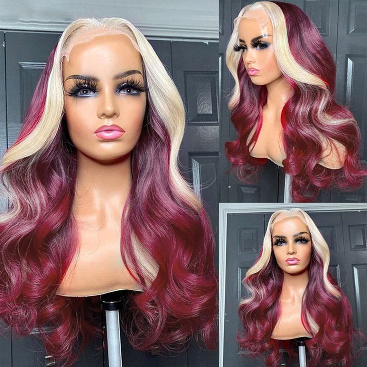 BQUEENS BELLA Red Wine & Blonde Skunk Stripe Color Wig 13*4 Lace Front Wig - BQueens