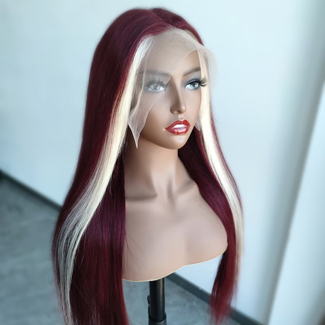 BQUEENS BELLA Red Wine & Blonde Skunk Stripe Color Wig 13*4 Lace Front Wig - BQueens